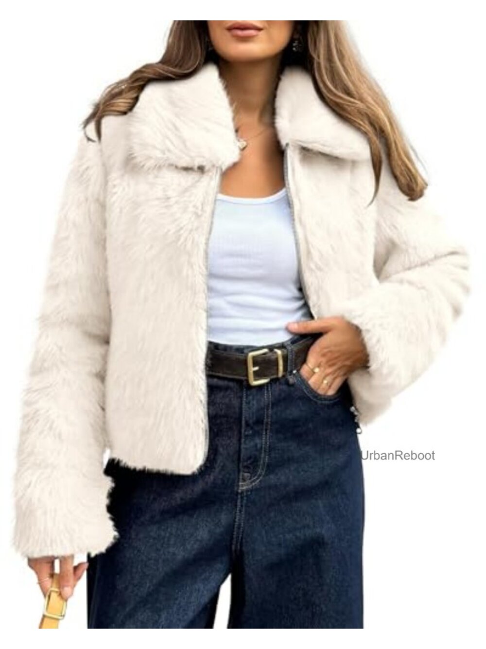 Faux Fur Zip Up Cropped Jacket Long Sleeve Lapel Collar Winter Coat